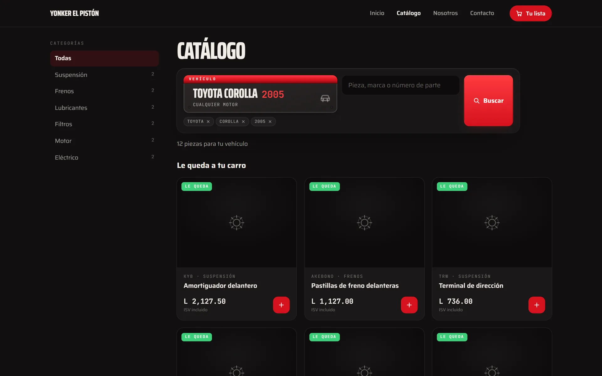 Catálogo web de un yonker de ejemplo en Wake Parts: repuestos que le quedan a un Toyota Corolla, con precio con ISV y botón para agregar a la lista