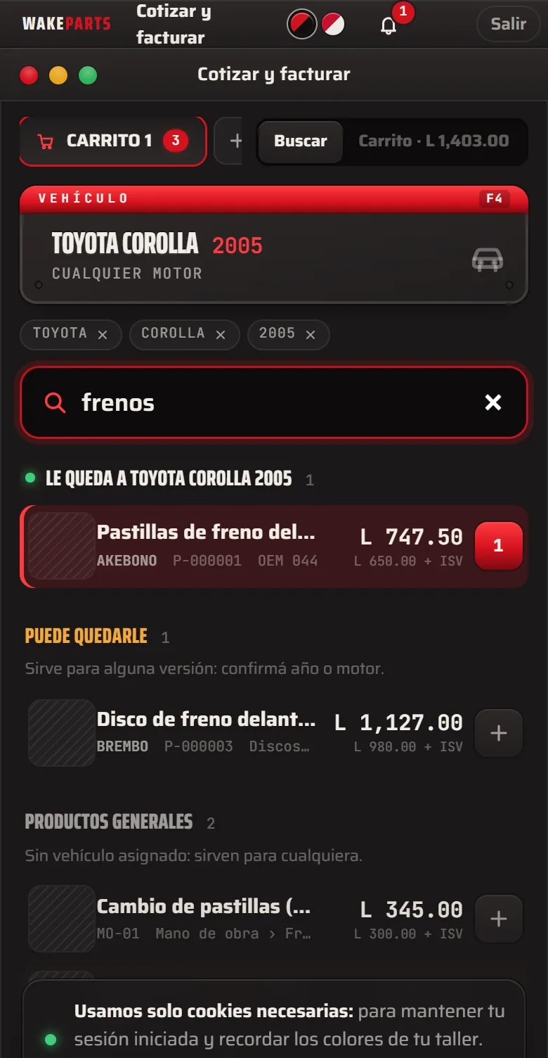 Wake Parts en un celular: búsqueda de repuestos por vehículo con precios y existencias