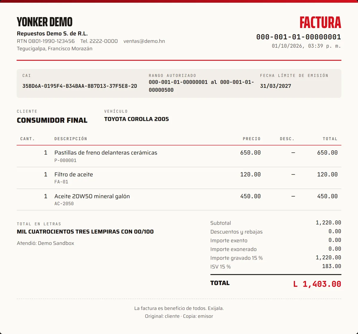 Factura de ejemplo emitida con Wake Parts con CAI, rango autorizado, fecha límite, desglose de ISV 15 % y total en letras
